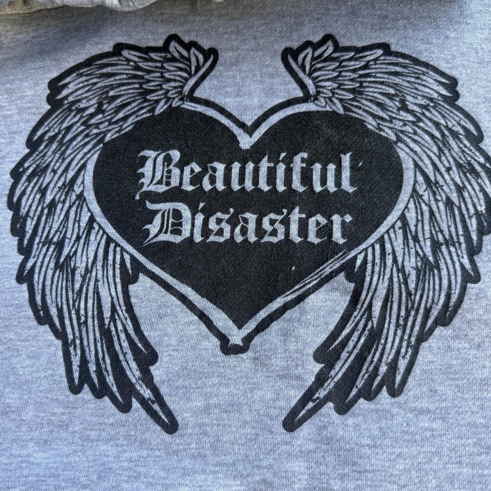 Beautiful Disaster Hoodie Womens 3X Gray Angel Wings Graphic Fleece Pullover - Picture 3 of 11